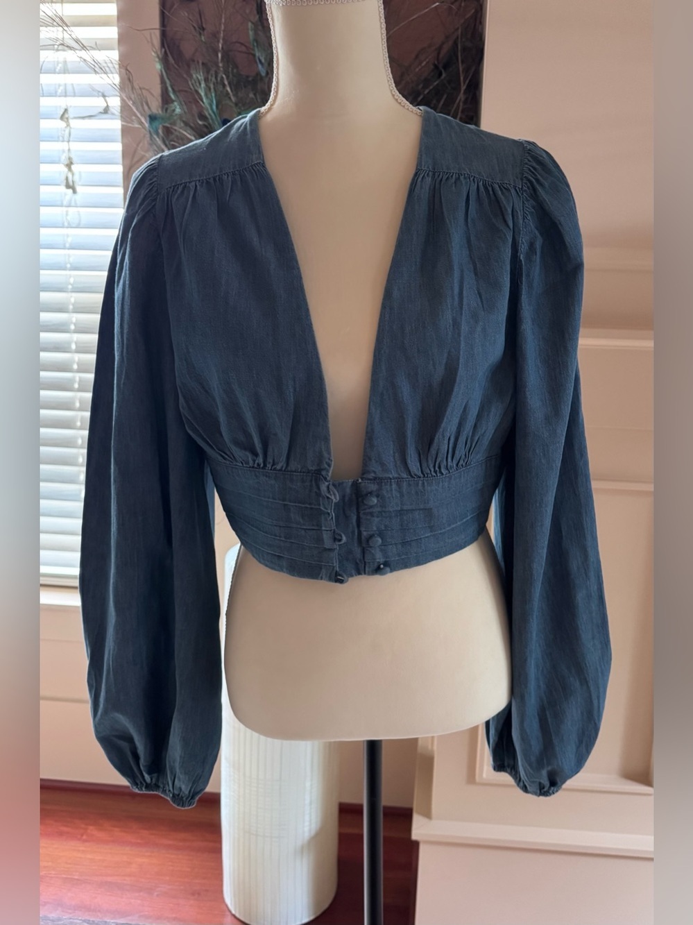 Highway Jeans Deep V Crop Top in Denim Blue with Puff Sleeves.